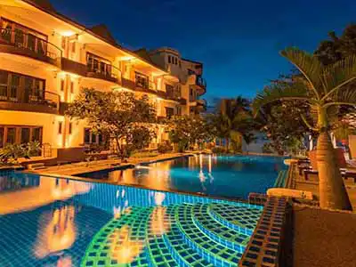 Crystal Dive regal resort seen at night with pools