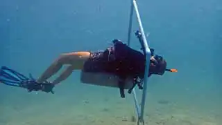 Perfect Buoyancy Specialty diver swimming through square backwards underwater